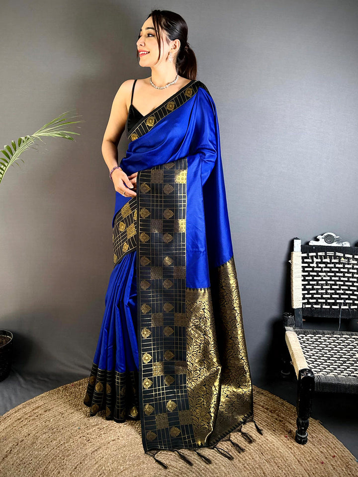 Royal Blue Soft Silk Saree with Black & Gold Zari Border