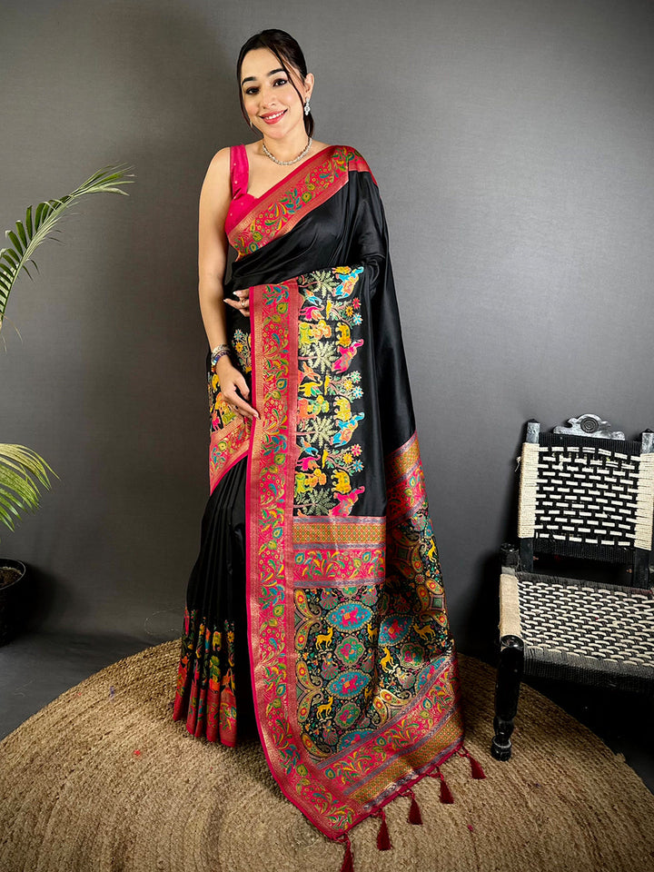 Black Soft Silk Saree with Multicolor Meenakari Print & Pink Zari Border