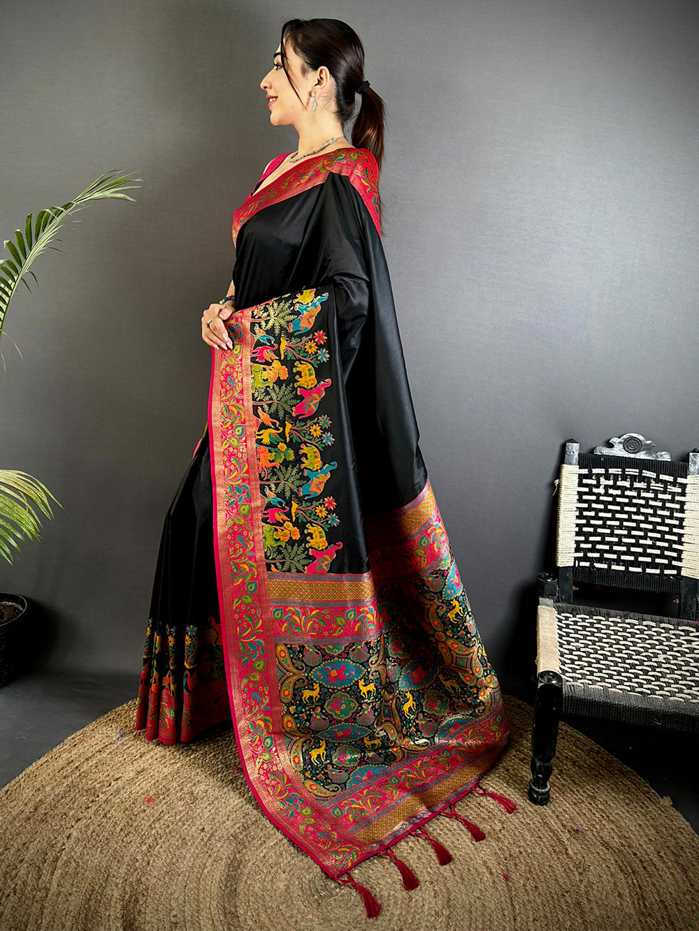 Black Soft Silk Saree with Multicolor Meenakari Print & Pink Zari Border