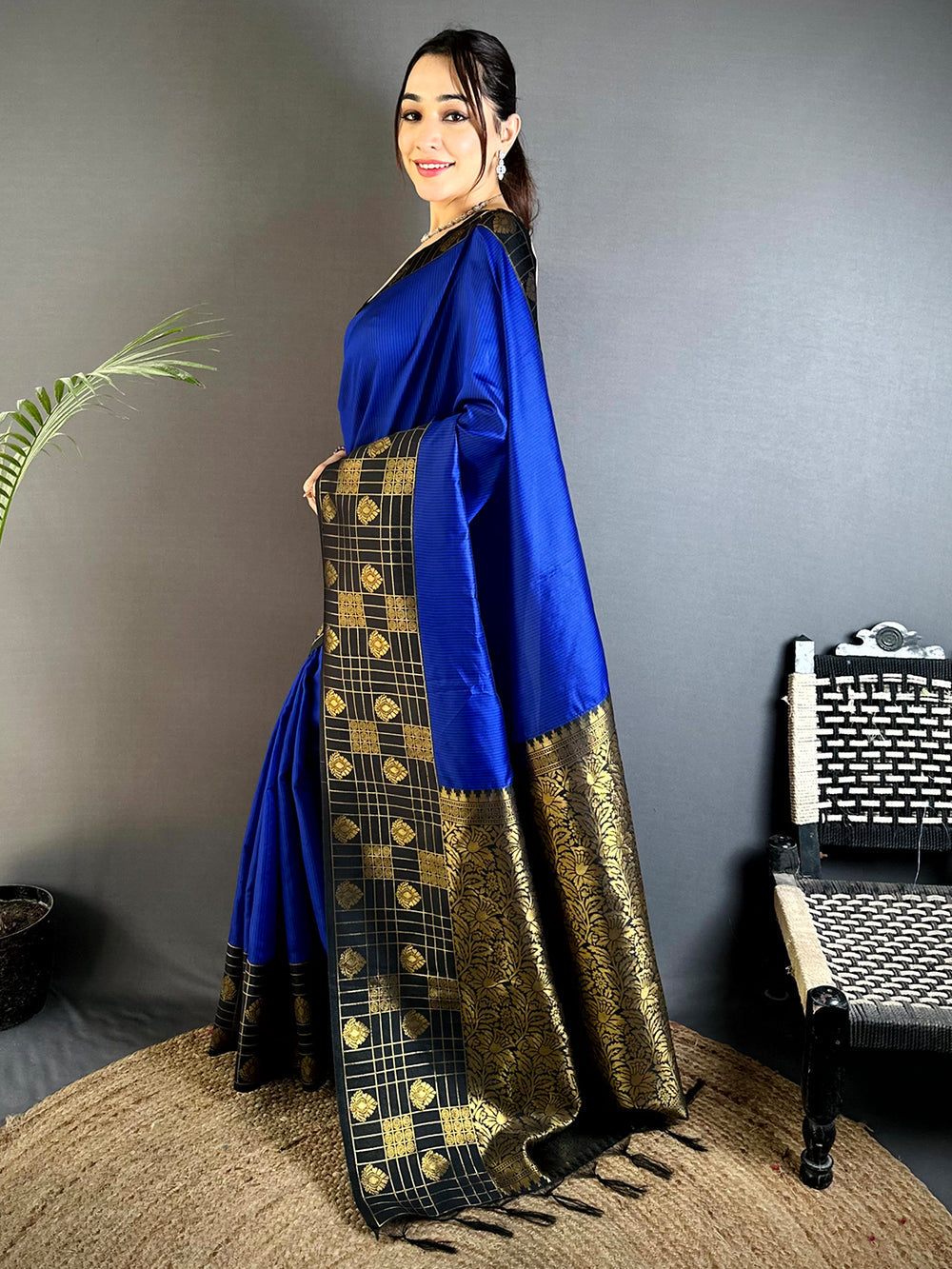 Royal Blue Soft Silk Saree with Black & Gold Zari Border