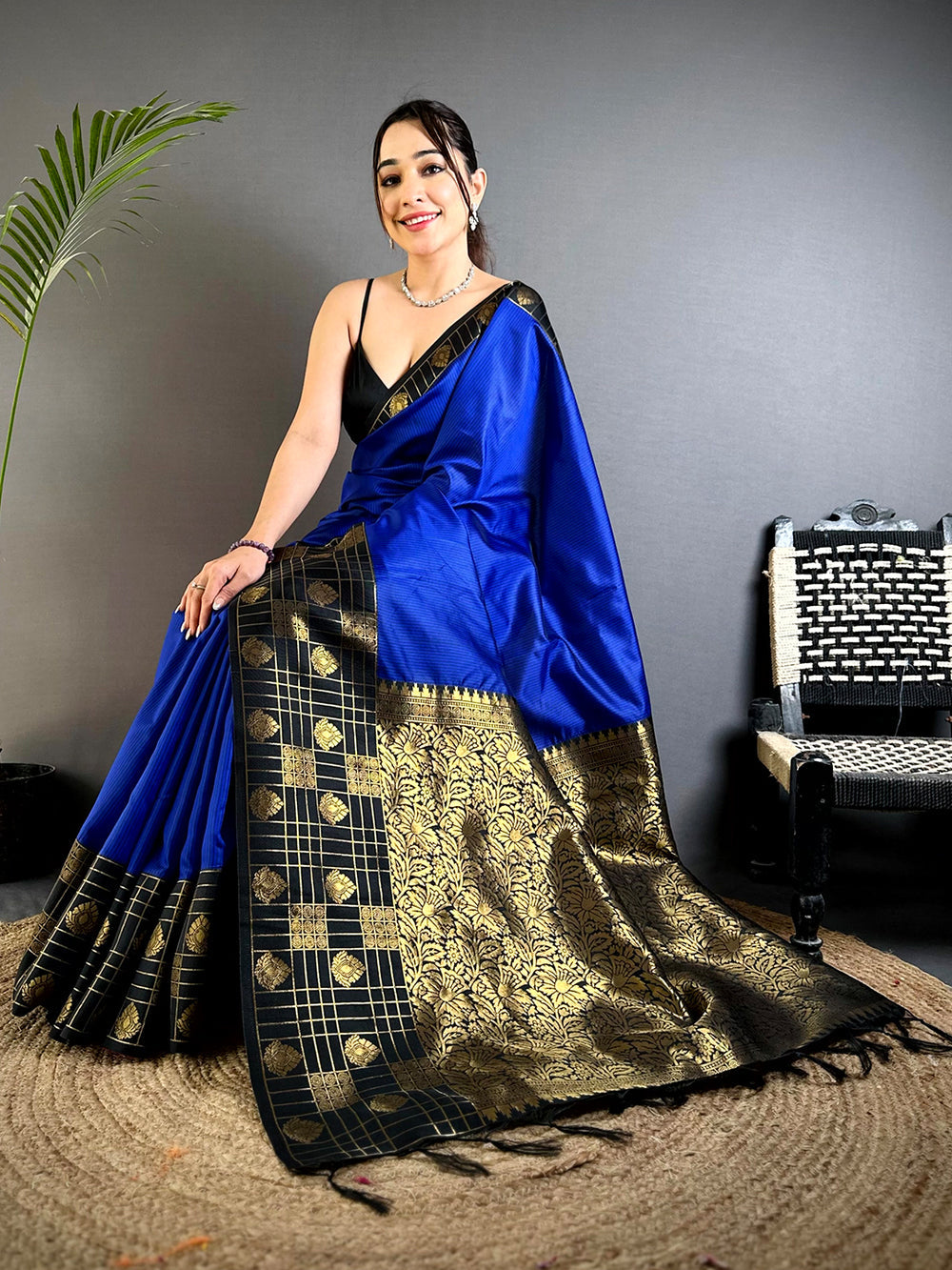 Royal Blue Soft Silk Saree with Black & Gold Zari Border