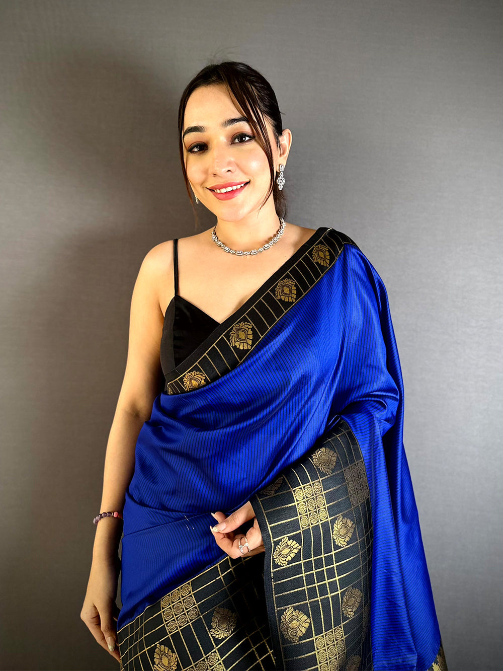 Royal Blue Soft Silk Saree with Black & Gold Zari Border