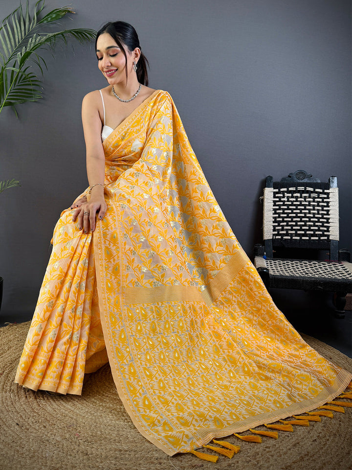Yellow Soft Silk Saree with White Floral Weaving & Tassel Pallu