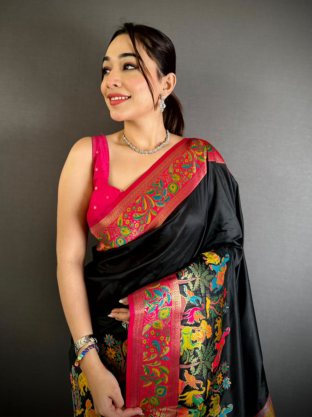 Black Soft Silk Saree with Multicolor Meenakari Print & Pink Zari Border