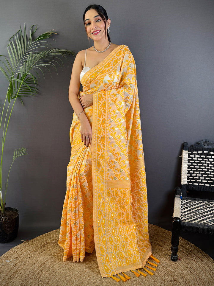 Yellow Soft Silk Saree with White Floral Weaving & Tassel Pallu