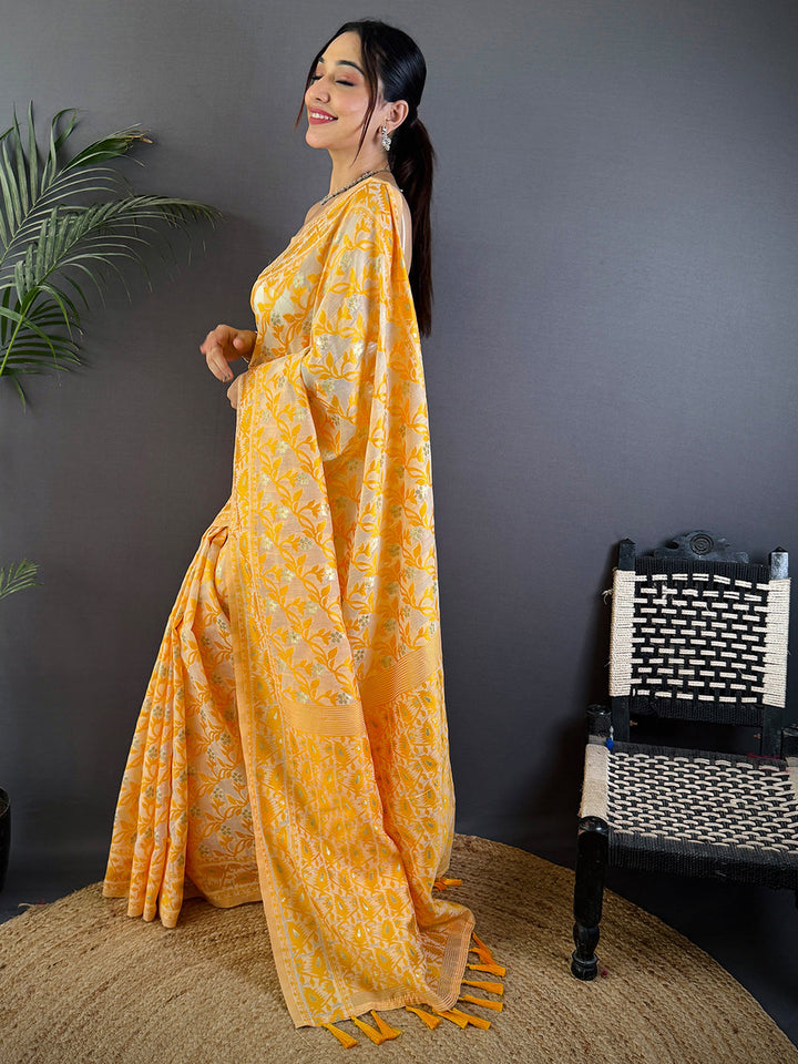 Yellow Soft Silk Saree with White Floral Weaving & Tassel Pallu