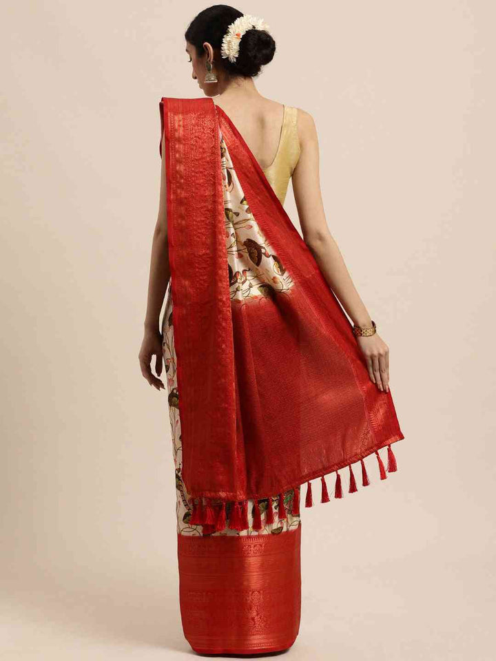 Red Soft Silk Saree with Artistic Multi-Color Madhubani Print & Jacquard Woven Border