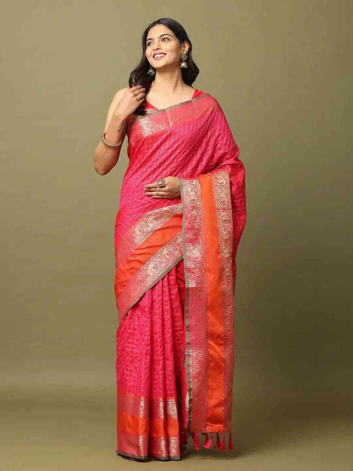 Pink Soft Silk Saree with Silver Zari Checks & Dual Tone Orange Pink Border