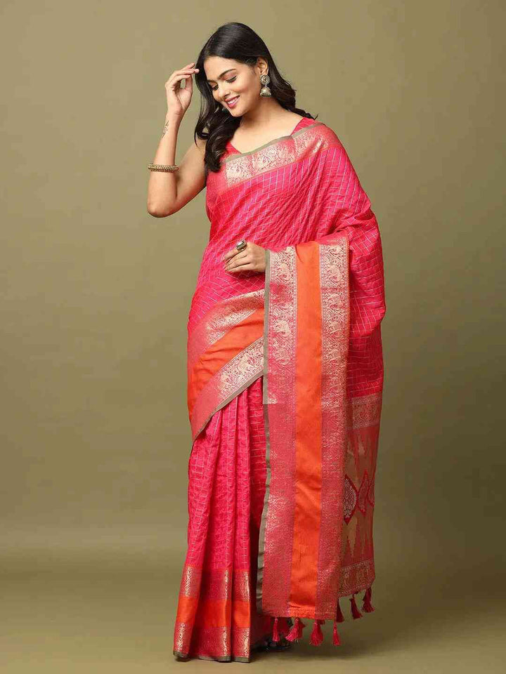 Pink Soft Silk Saree with Silver Zari Checks & Dual Tone Orange Pink Border