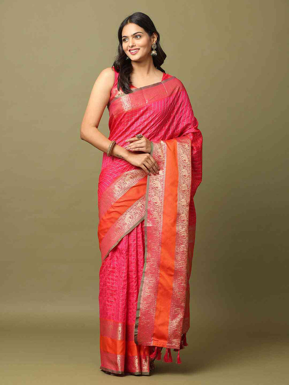 Pink Soft Silk Saree with Silver Zari Checks & Dual Tone Orange Pink Border