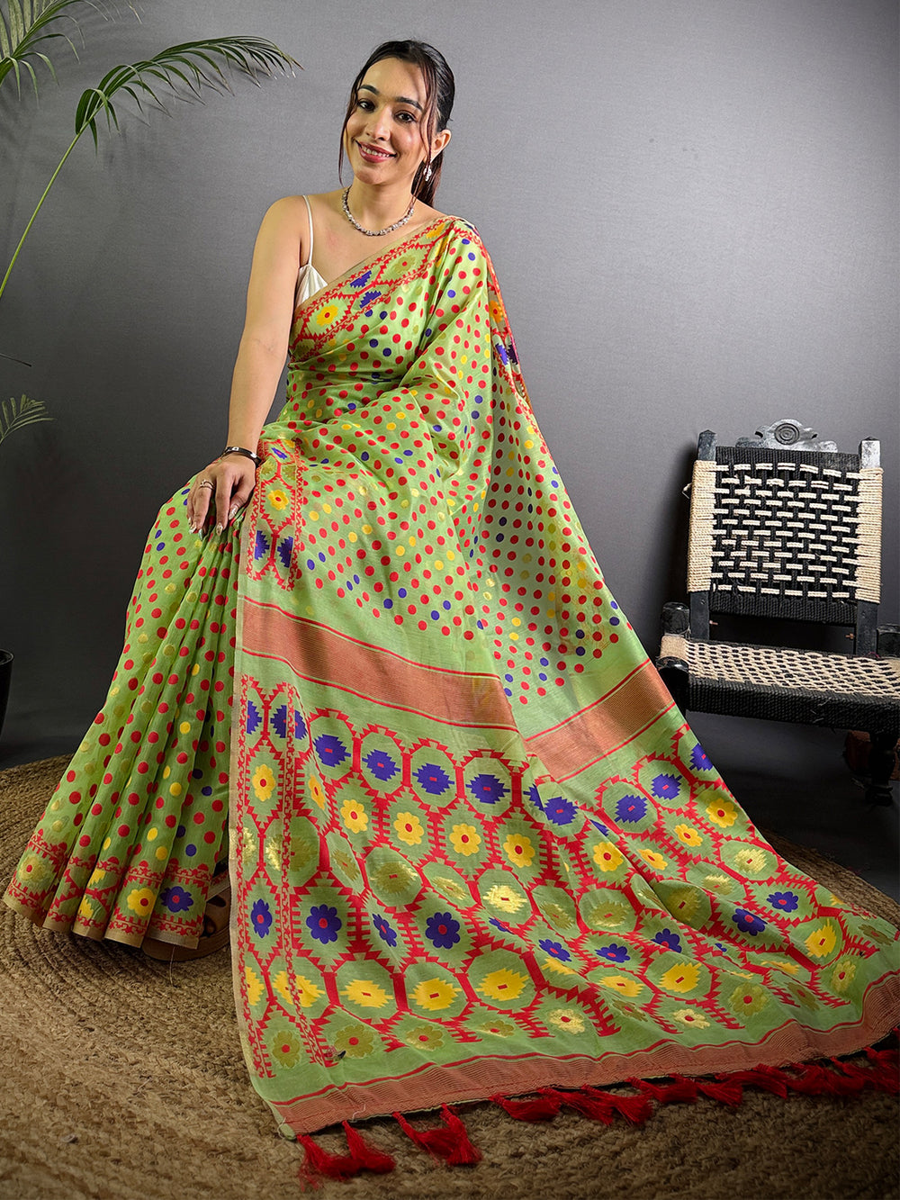 Green Bandhani Style Soft Silk Saree with Multicolor Dot Print & Traditional Woven Border