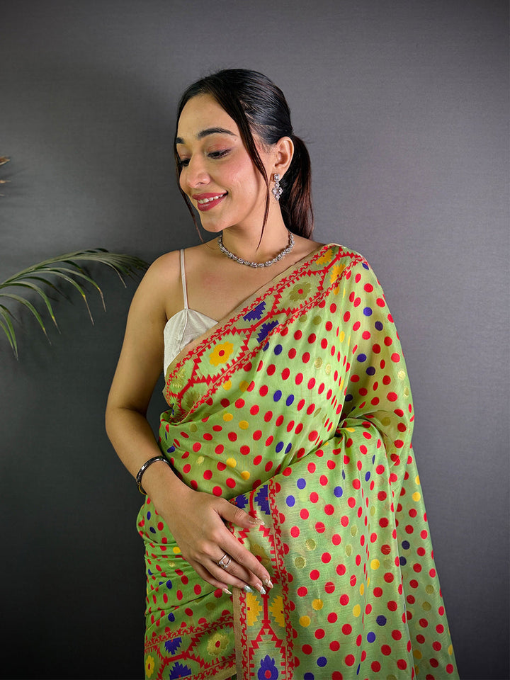 Green Bandhani Style Soft Silk Saree with Multicolor Dot Print & Traditional Woven Border