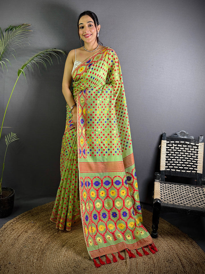 Green Bandhani Style Soft Silk Saree with Multicolor Dot Print & Traditional Woven Border