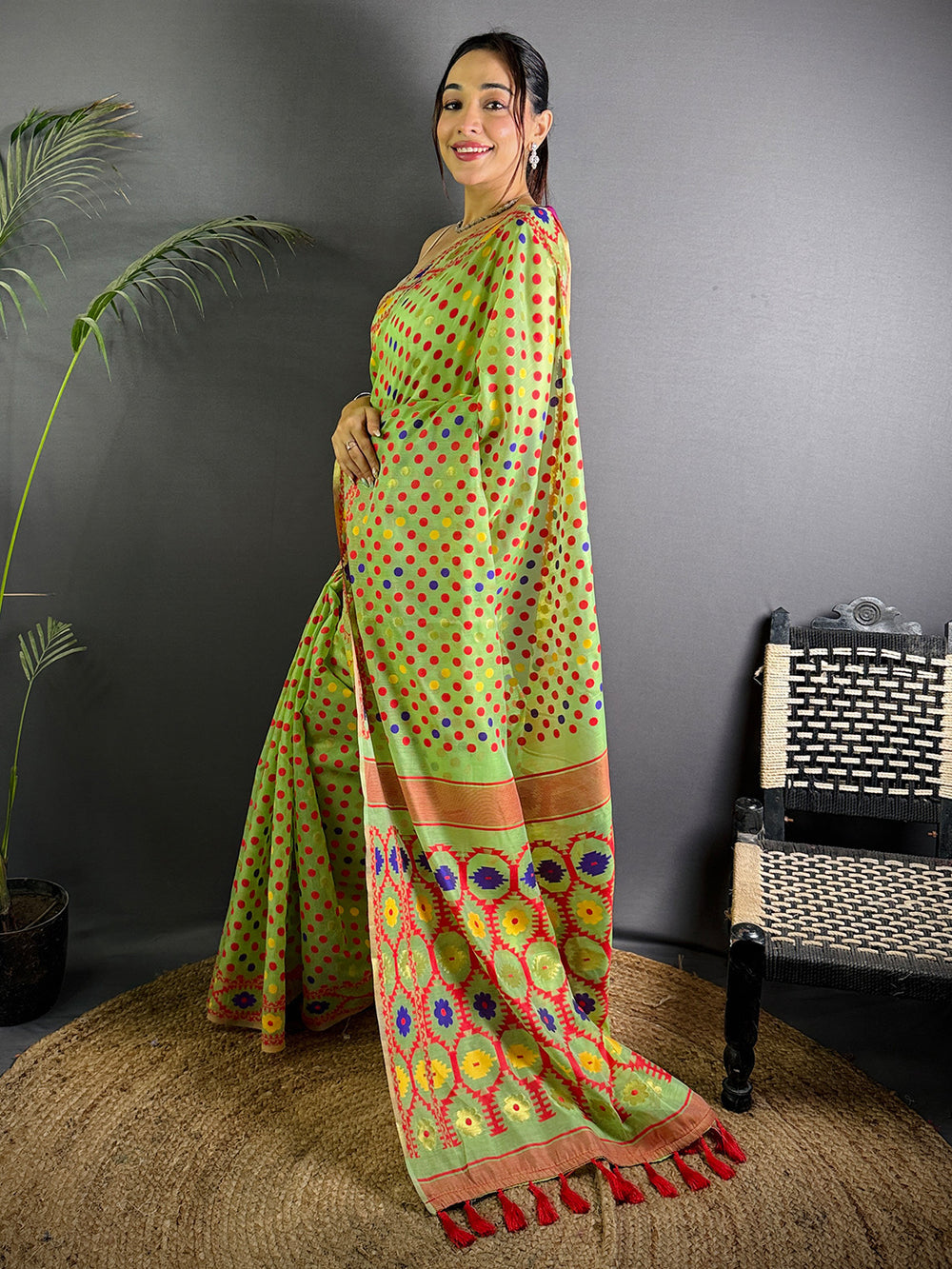 Green Bandhani Style Soft Silk Saree with Multicolor Dot Print & Traditional Woven Border