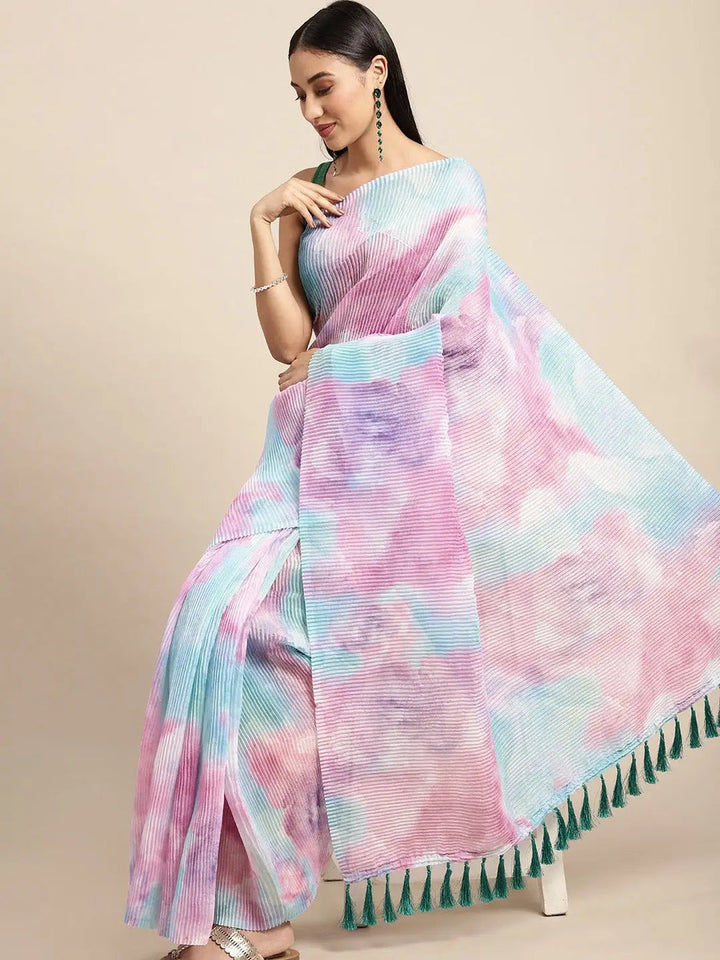 Pastel Tie Dye Pleated Saree in Pink & Blue Shades with Tassel Pallu