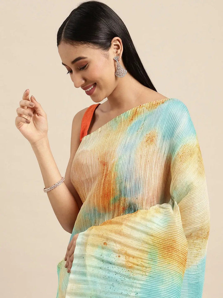 Sky Blue & Sand Beige Pleated Print Saree with Tassel Pallu