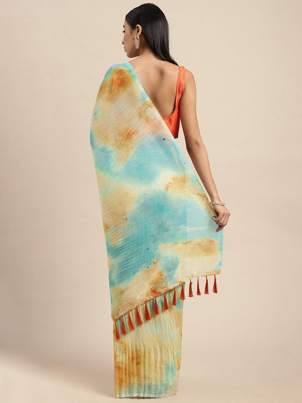 Sky Blue & Sand Beige Pleated Print Saree with Tassel Pallu