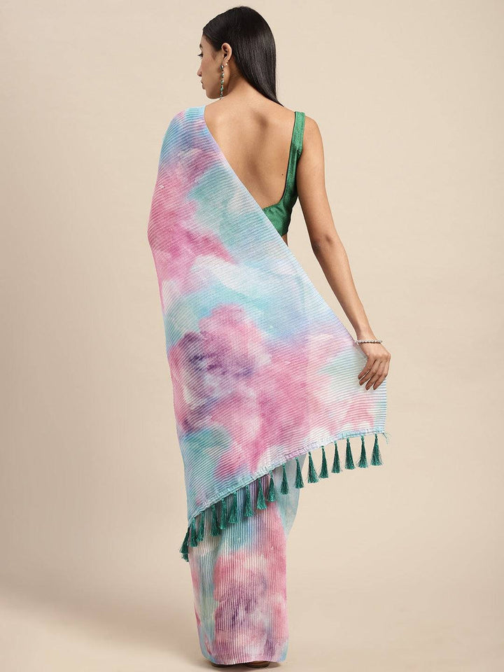 Pastel Tie Dye Pleated Saree in Pink & Blue Shades with Tassel Pallu