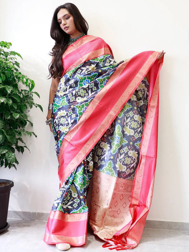 Navy Blue Ikat Print Soft Silk Saree with Pink Gold Zari Border & Pallu