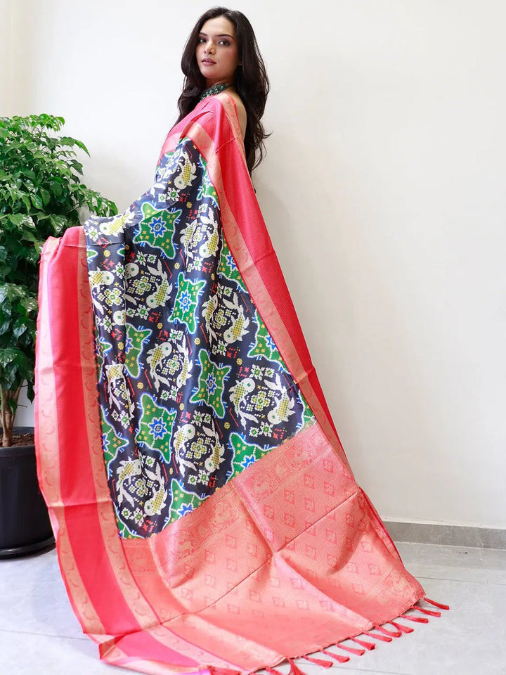 Navy Blue Ikat Print Soft Silk Saree with Pink Gold Zari Border & Pallu
