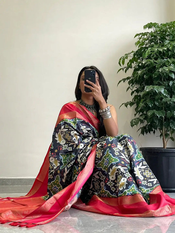 Navy Blue Ikat Print Soft Silk Saree with Pink Gold Zari Border & Pallu