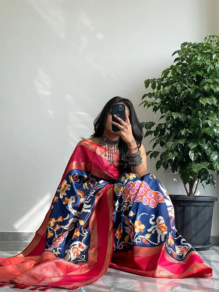 Royal Blue Ikat Soft Silk Saree with Pink Zari Border & Golden Pallu