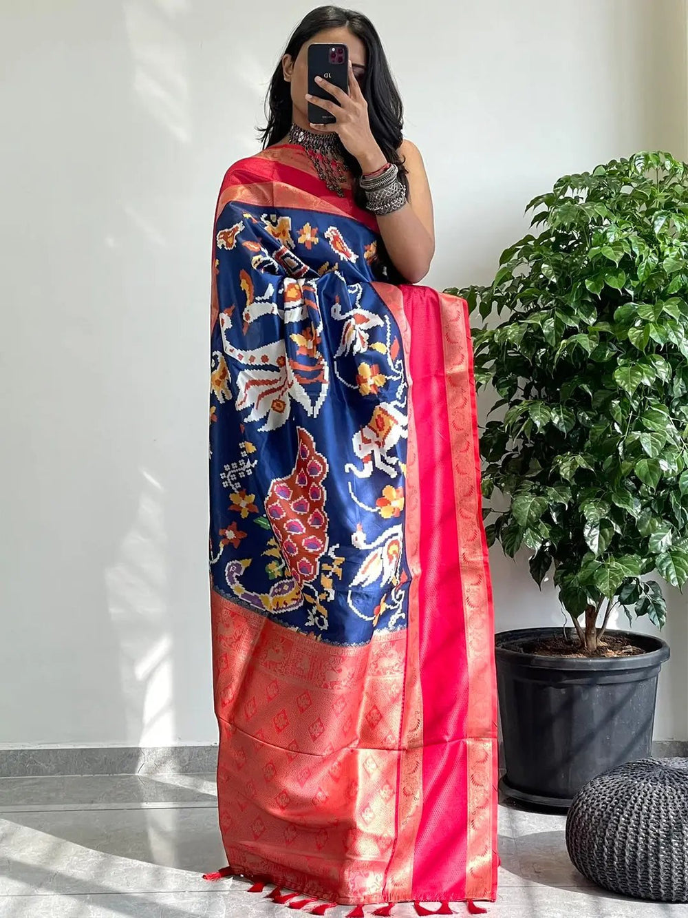 Royal Blue Ikat Soft Silk Saree with Pink Zari Border & Golden Pallu