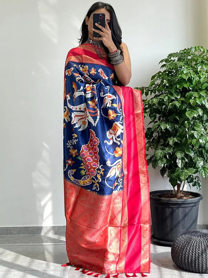 Royal Blue Ikat Soft Silk Saree with Pink Zari Border & Golden Pallu