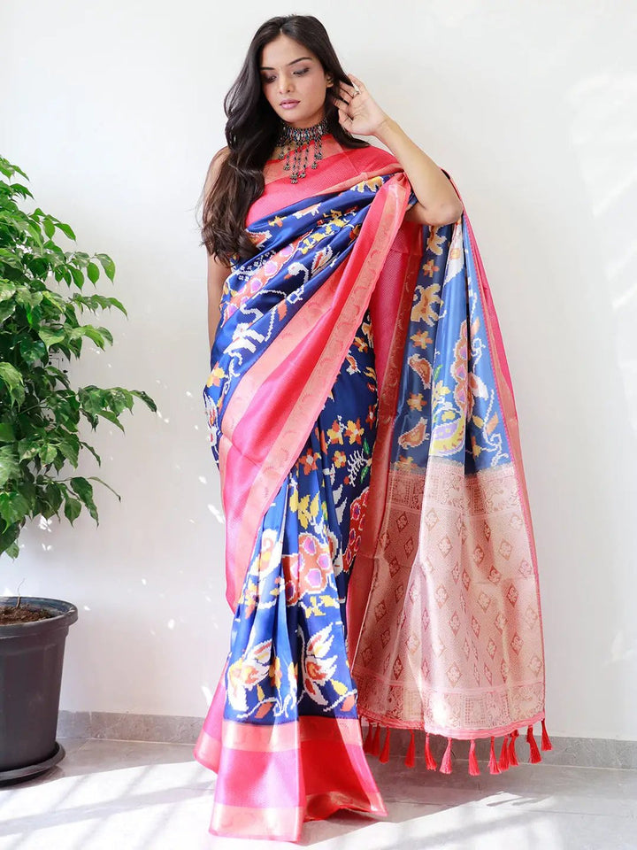 Royal Blue Ikat Soft Silk Saree with Pink Zari Border & Golden Pallu