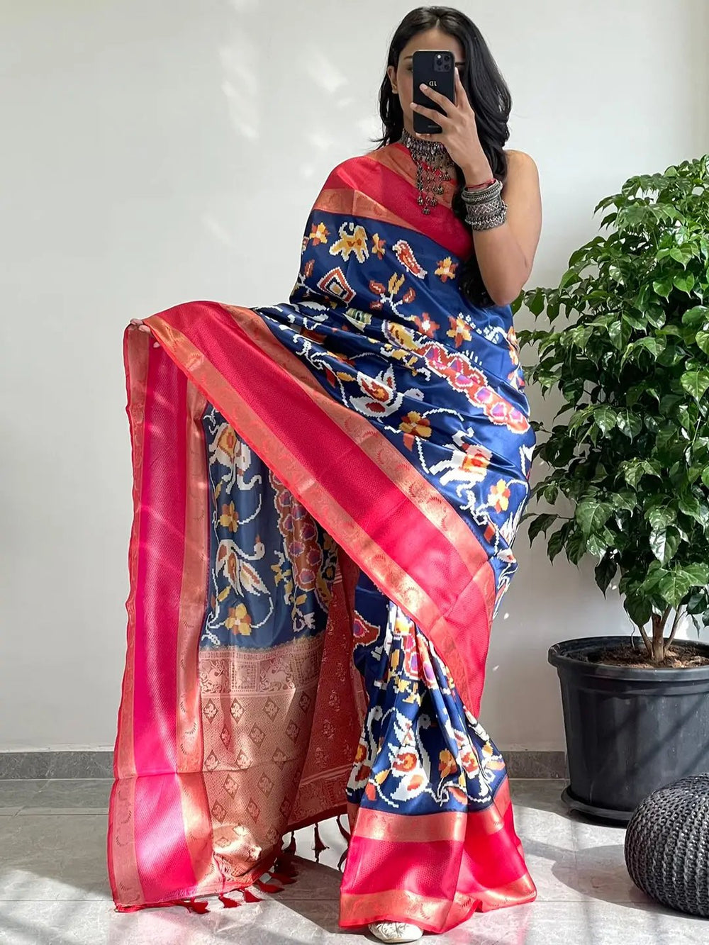 Royal Blue Ikat Soft Silk Saree with Pink Zari Border & Golden Pallu