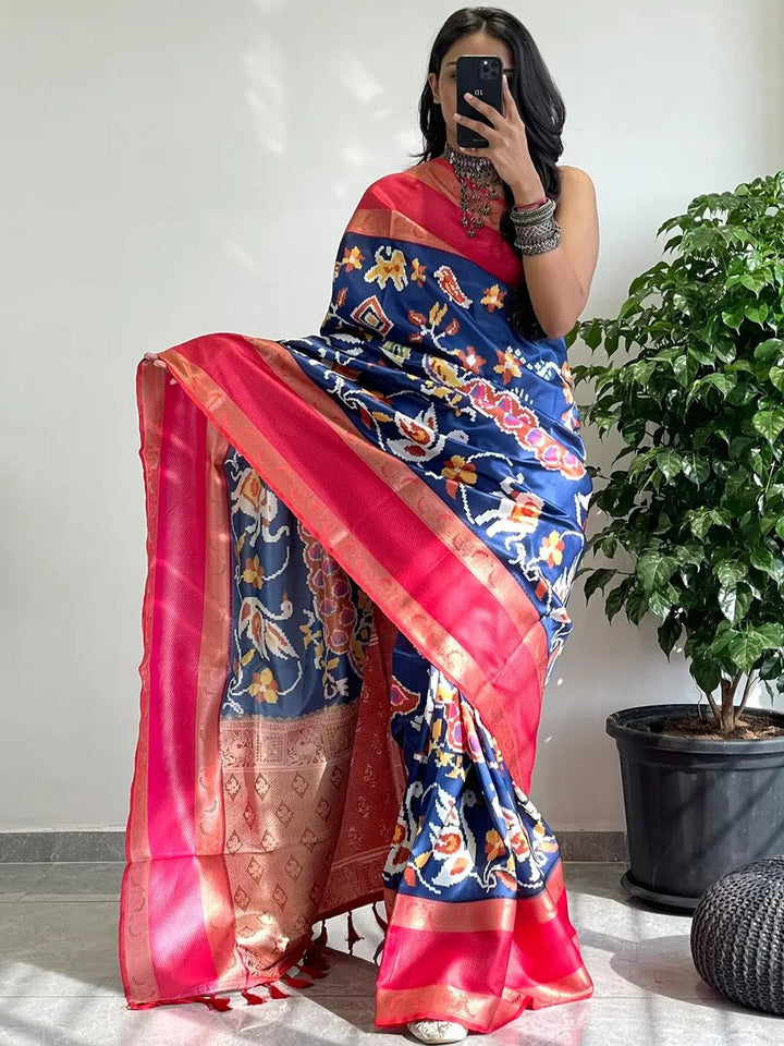 Royal Blue Ikat Soft Silk Saree with Pink Zari Border & Golden Pallu