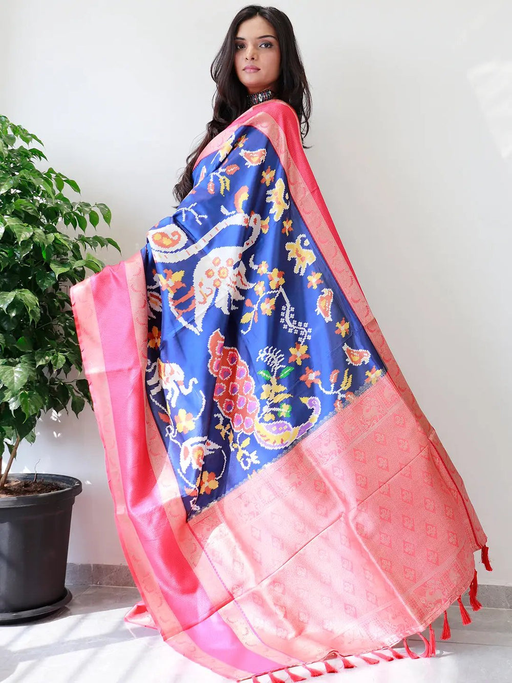 Royal Blue Ikat Soft Silk Saree with Pink Zari Border & Golden Pallu