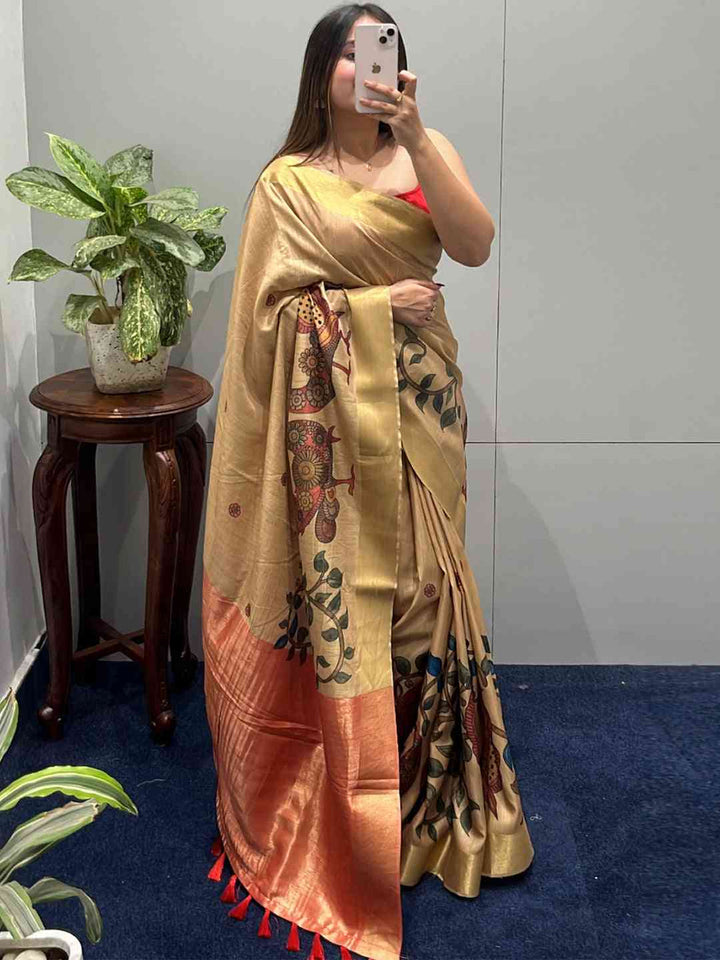 Golden Soft Silk Saree with Kalamkari Peacock Print & Contrast Orange Pallu