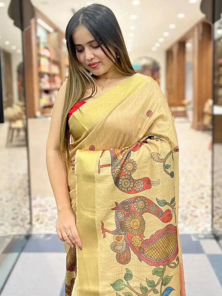 Golden Soft Silk Saree with Kalamkari Peacock Print & Contrast Orange Pallu