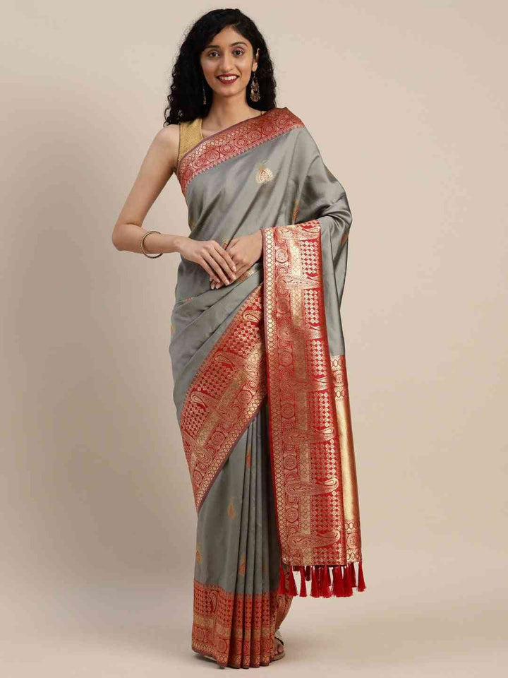 Grey Soft Silk Saree with Red Zari Weaving Border & Pallu