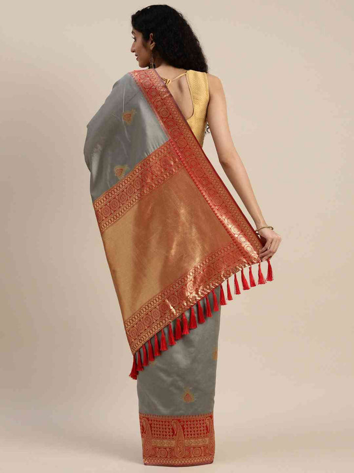 Grey Soft Silk Saree with Red Zari Weaving Border & Pallu