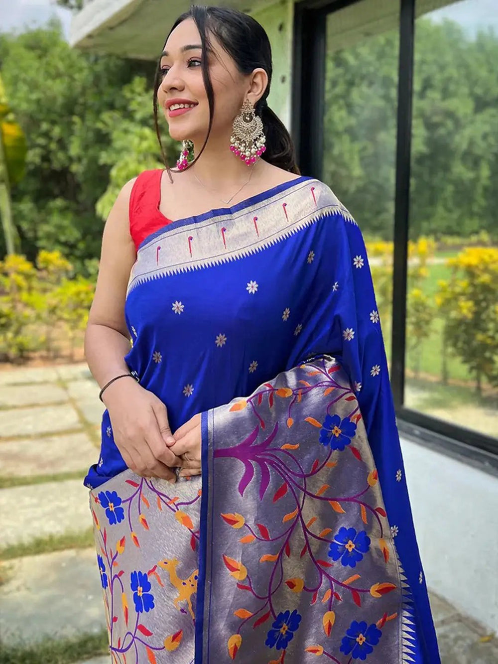 Royal Blue Woven Silk Saree with Silver Meena Pallu & Floral Design