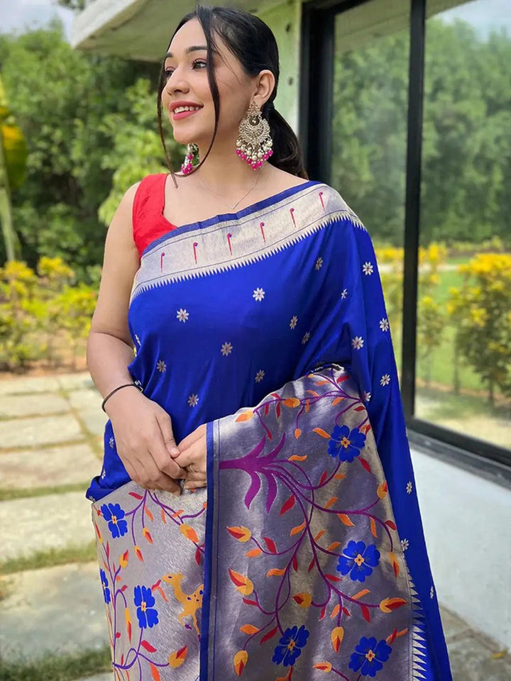 Royal Blue Woven Silk Saree with Silver Meena Pallu & Floral Design