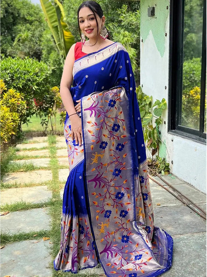 Royal Blue Woven Silk Saree with Silver Meena Pallu & Floral Design