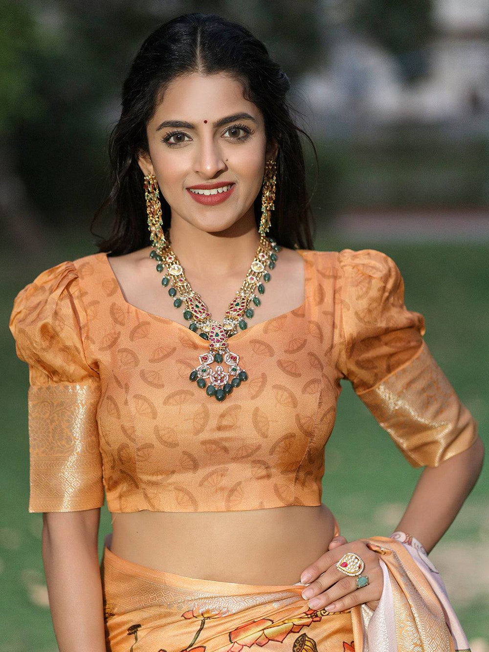 Golden Kanjivaram Silk Saree with Lotus Floral Print & Rich Zari Pallu