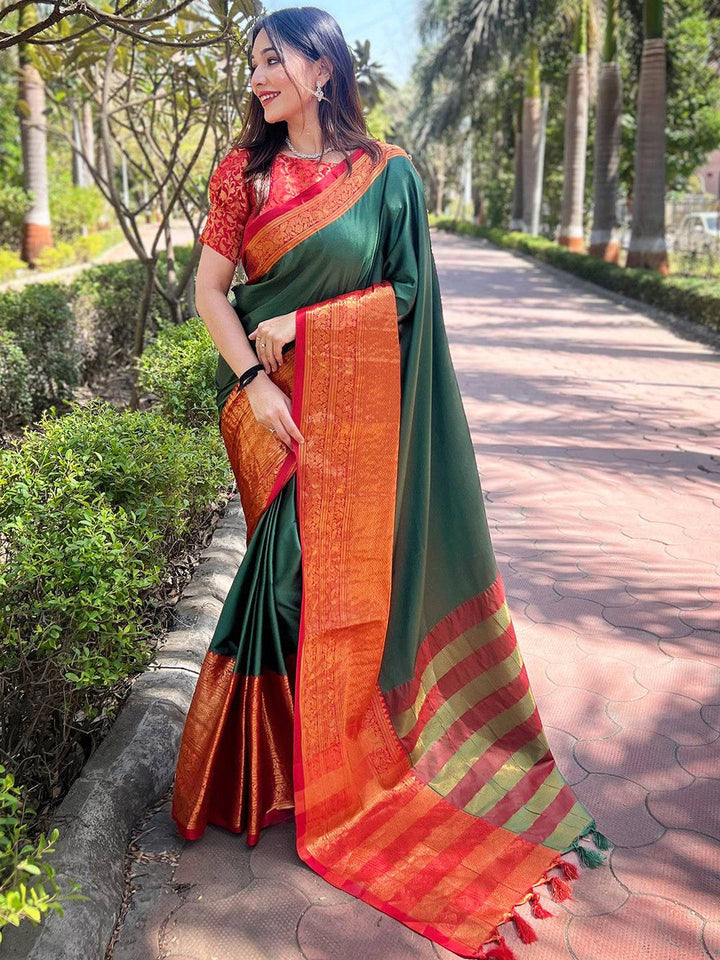 Bottle Green Kanjivaram Silk Saree with Rich Orange Zari Border & Contrast Pallu
