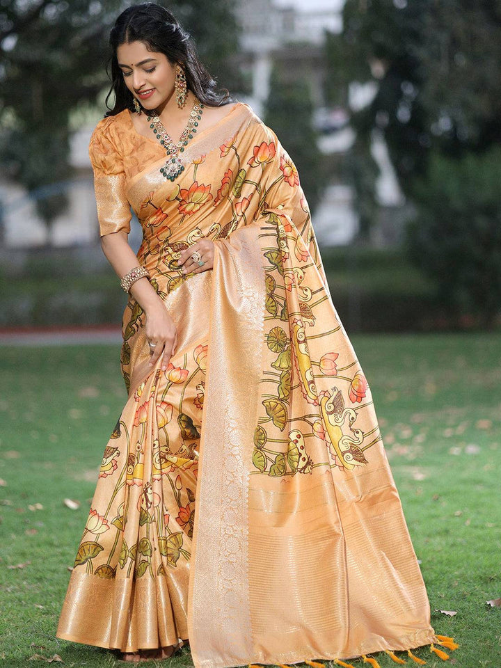 Golden Kanjivaram Silk Saree with Lotus Floral Print & Rich Zari Pallu