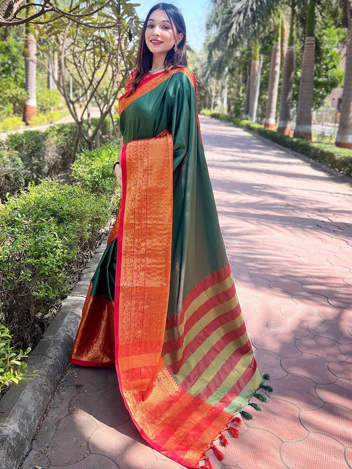 Bottle Green Kanjivaram Silk Saree with Rich Orange Zari Border & Contrast Pallu