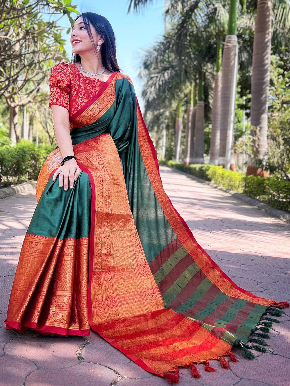 Bottle Green Kanjivaram Silk Saree with Rich Orange Zari Border & Contrast Pallu