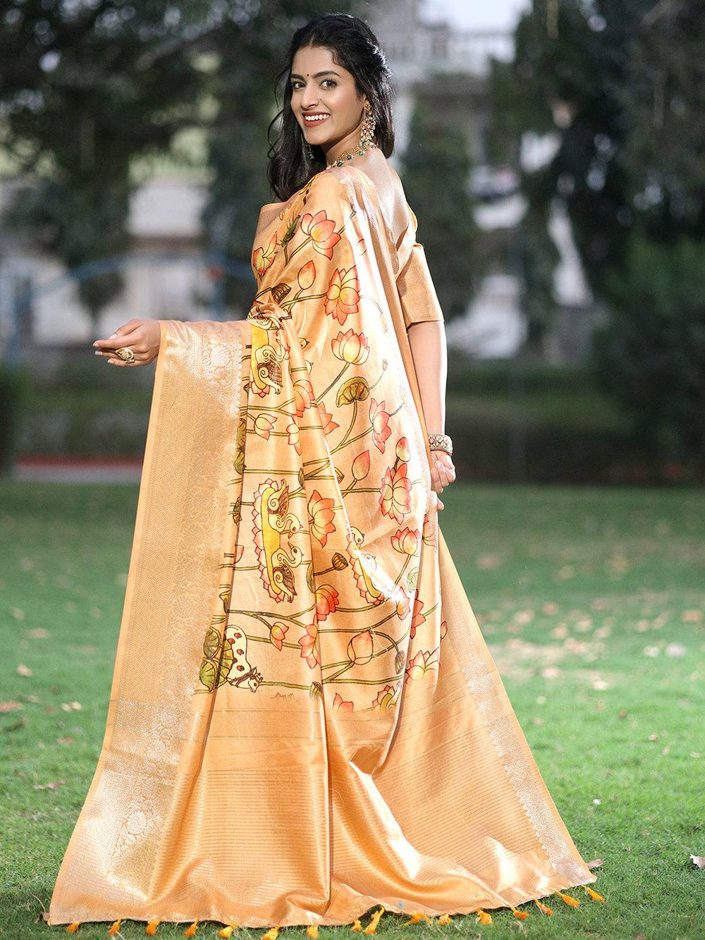 Golden Kanjivaram Silk Saree with Lotus Floral Print & Rich Zari Pallu