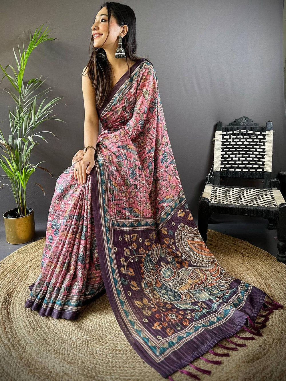 Pink Kalamkari Printed Soft Silk Saree with Purple Border & Tassel Pallu
