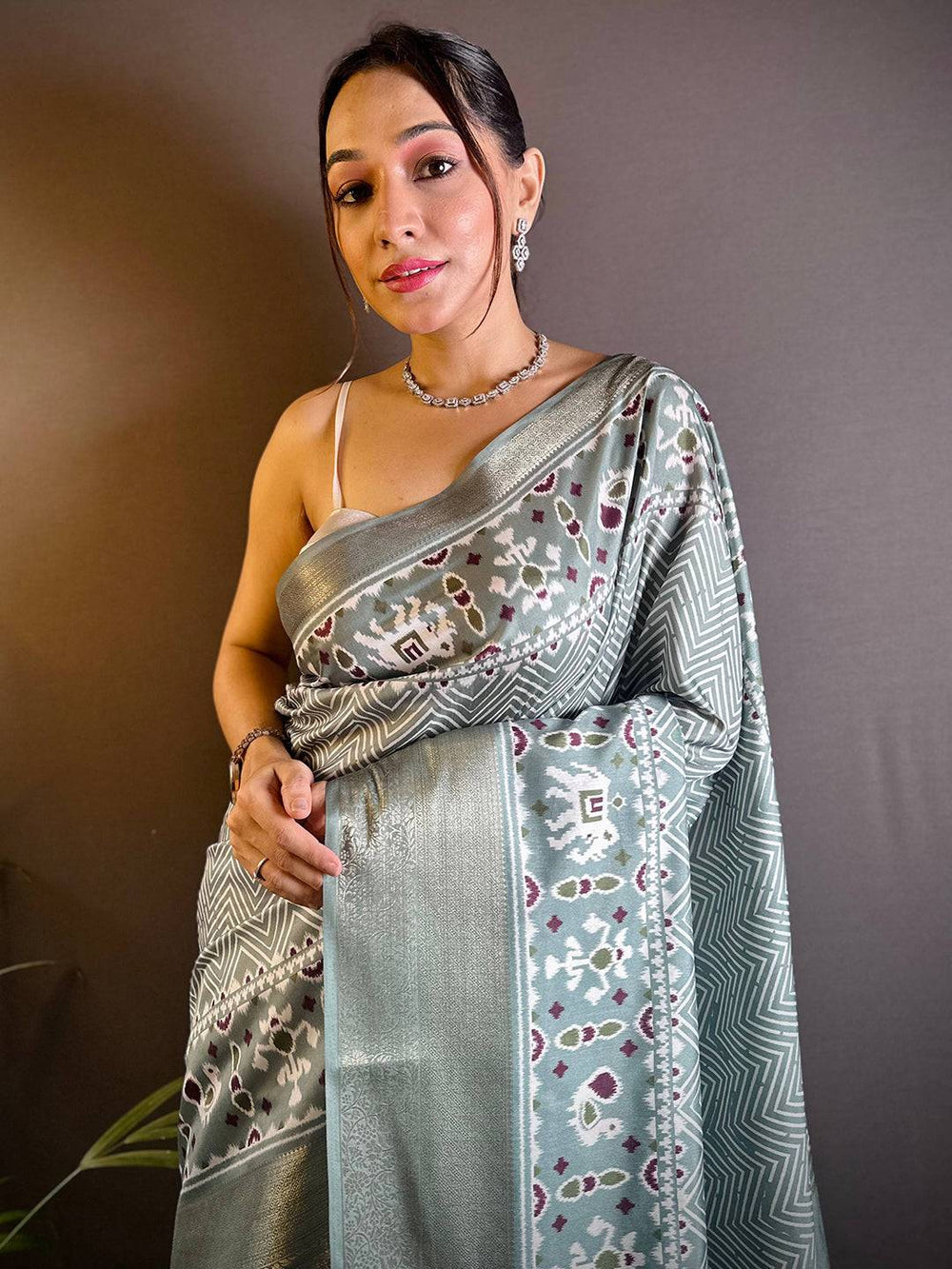 Pastel Green Ikat Printed Soft Silk Saree with Silver Zari Border & Pallu