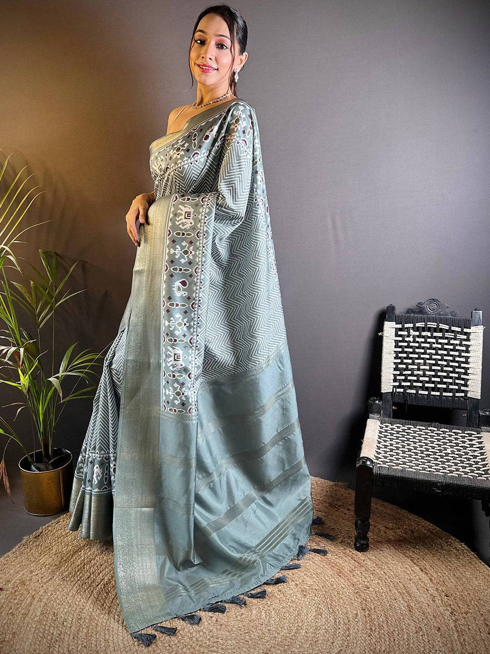 Pastel Green Ikat Printed Soft Silk Saree with Silver Zari Border & Pallu