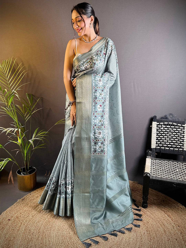 Pastel Green Ikat Printed Soft Silk Saree with Silver Zari Border & Pallu