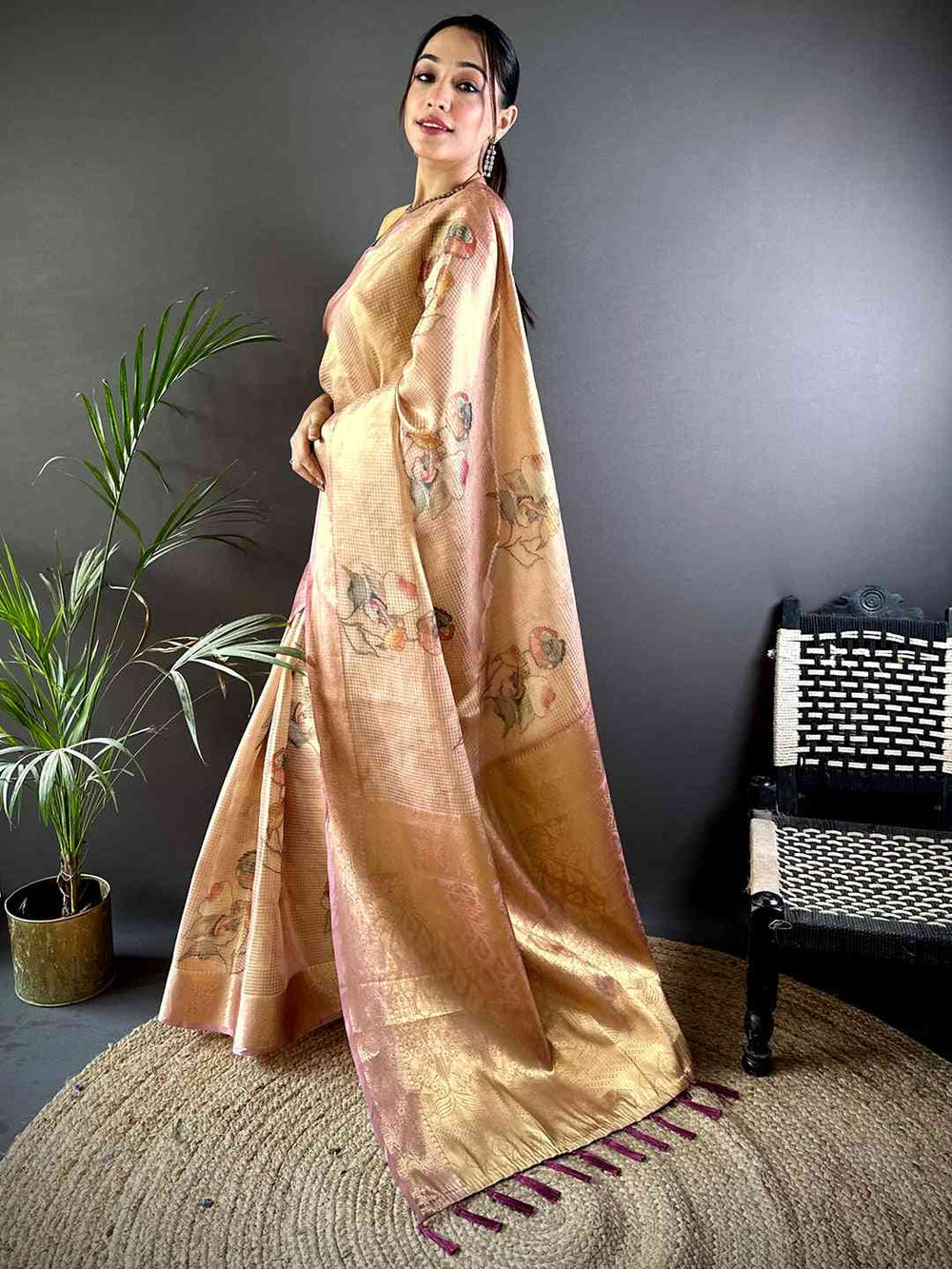 Golden Soft Silk Saree with Subtle Floral Print & Rich Zari Woven Pallu